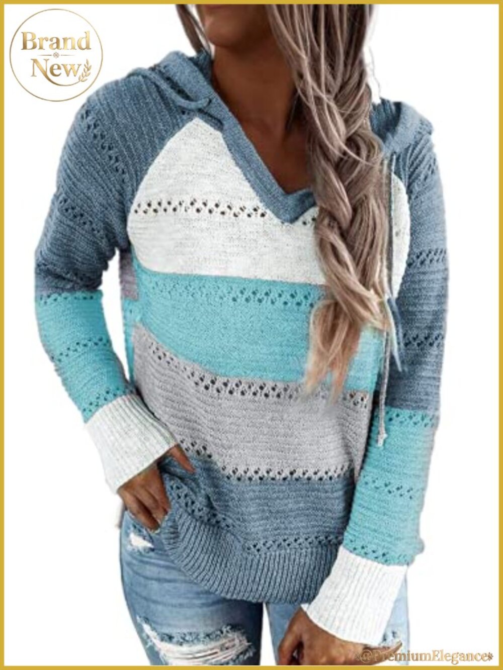 Women's Striped Color Block V Neck Hoodie Knit Sweater Long Sleeve Loose